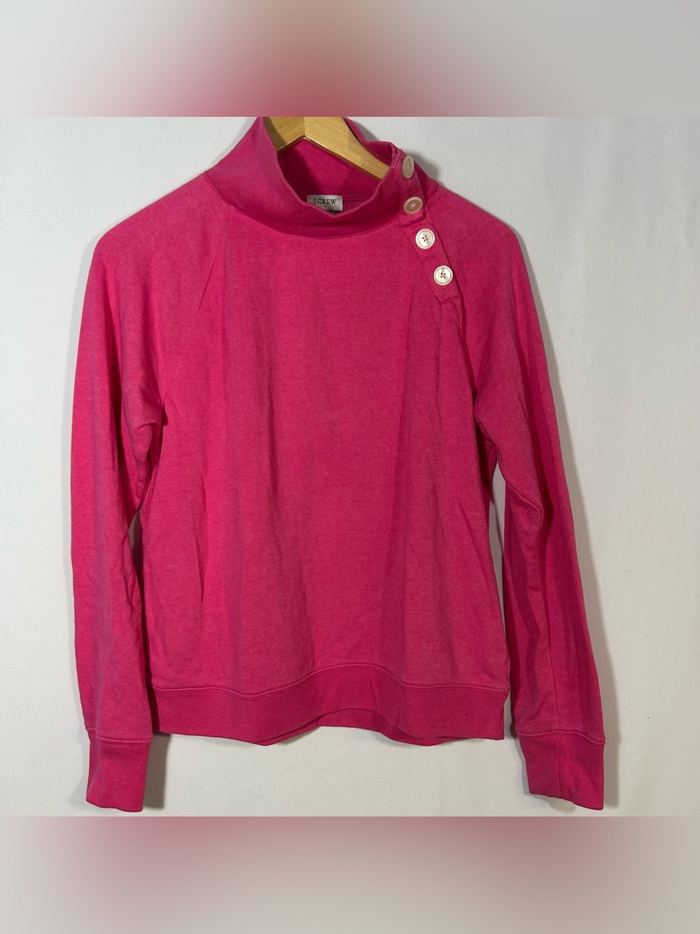 J Crew Womens Small Funnel Mock Neck Sweatshirt Pink Button Shoulder Pullover